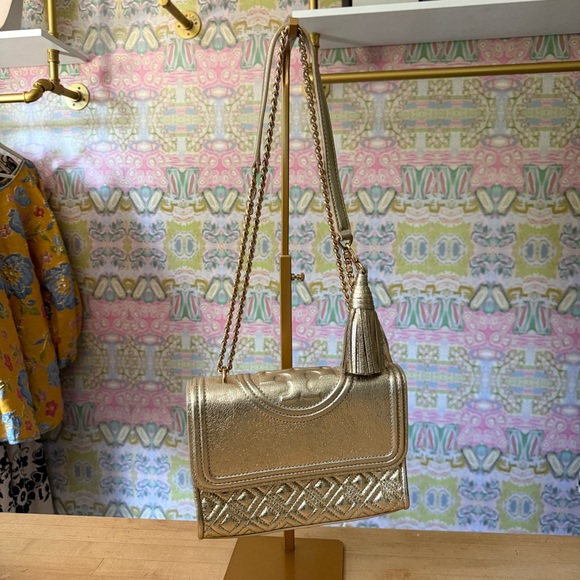 Tory Burch Gold Fleming Purse Small Metallic Leather Shoulder Bag - Picture 1 of 8
